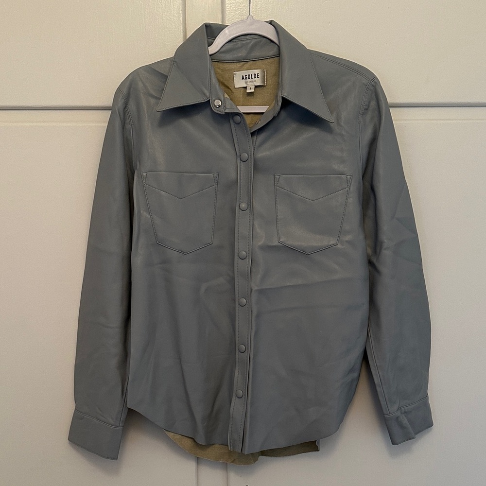 Agolde Paloma Vegan Leather Shirt Jacket in Light Blue